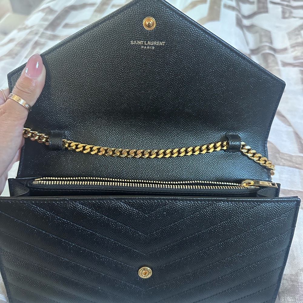 Black YSL Monogram Large Wallet on Chain in Grained Leather